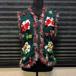 Ugly Christmas Sweater‎ Handmade Pendleton Vest Tinsel Jingle Bells Bows WN MED